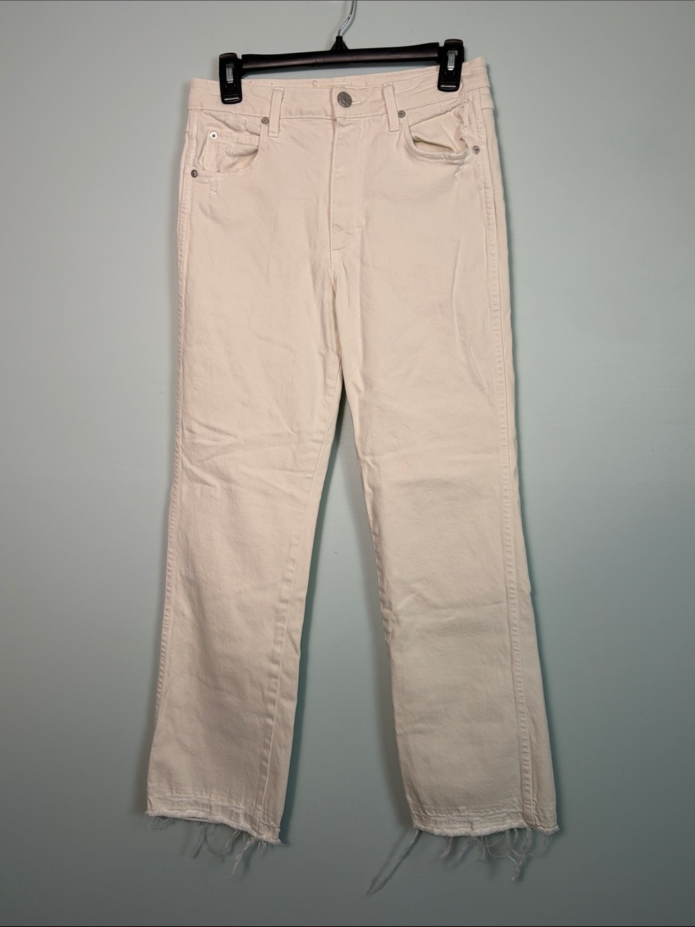AMO Bella White Oak Denim High Rise Boot Cut Jeans Women’s Size 27 Frayed Hem
